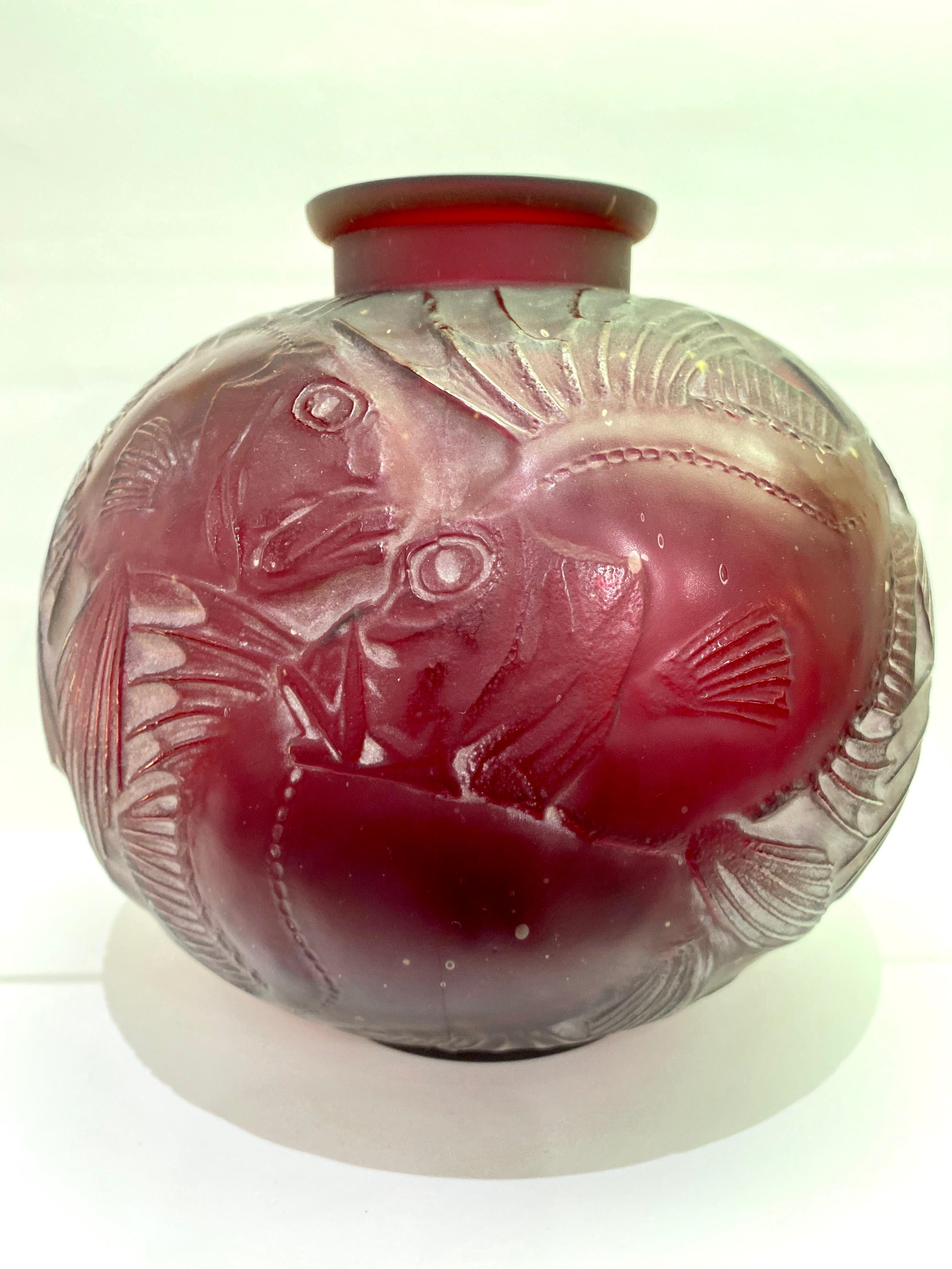 1921 René Lalique Poissons Vase Cased Red Cherry Glass 1