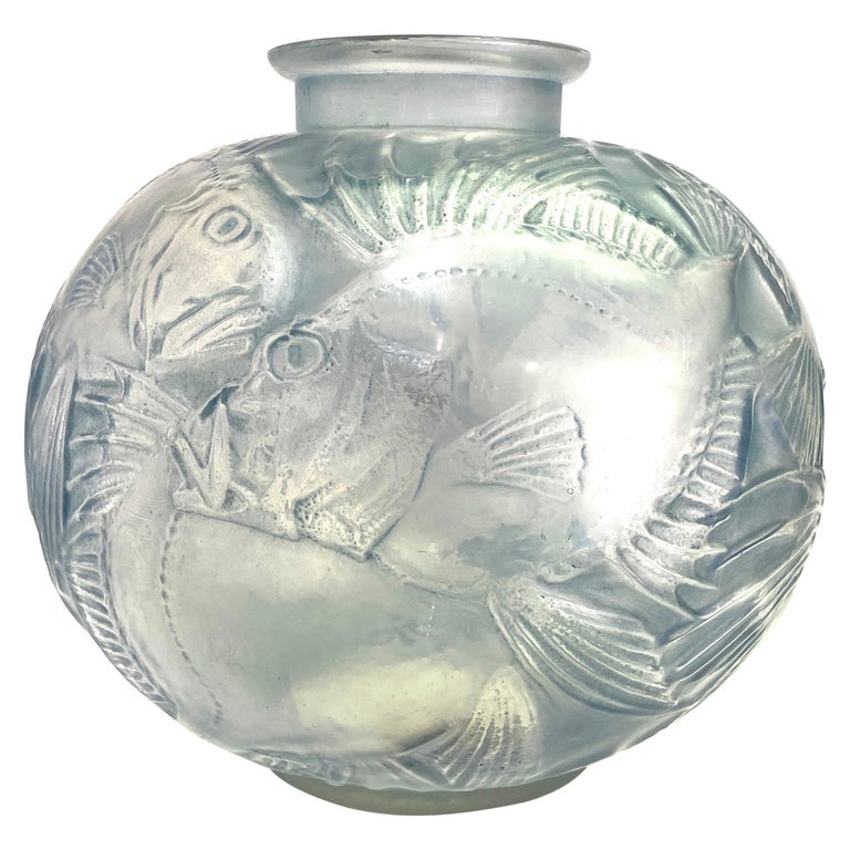 1921 René Lalique Poissons Vase Frosted Glass with Blue Patina at 1stDibs