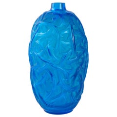 1921 René Lalique Ronces Vase in Blue Electric Glass with White Stain