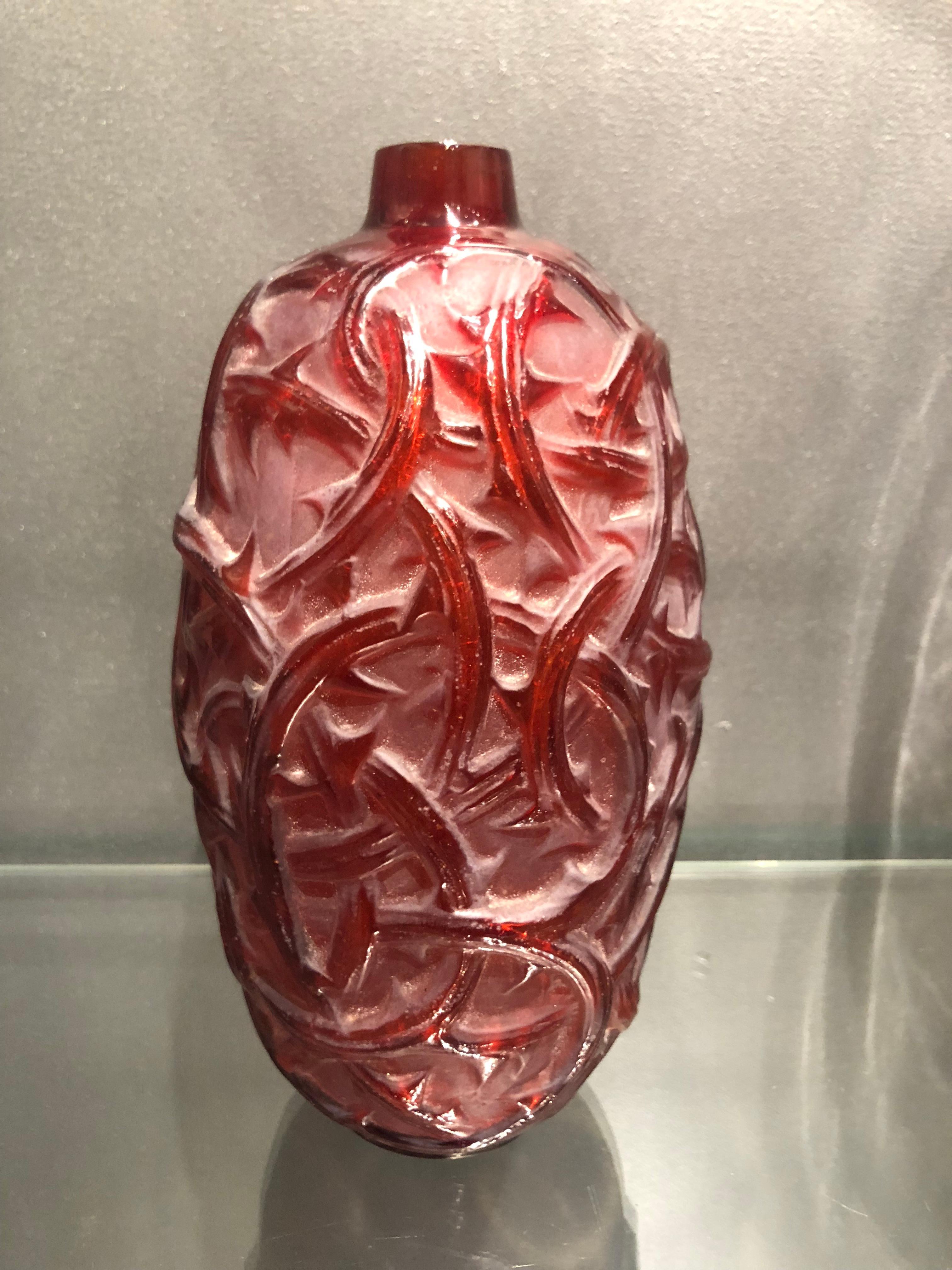 French 1921 René Lalique Ronces Vase in Double Cased Red Glass