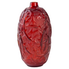1921 René Lalique Ronces Vase in Red Glass with White Stain