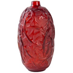 Antique 1921 René Lalique Ronces Vase in Red Glass with White Stain