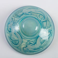 1921 Rene Lalique Trois Sirenes Inkwell Opalescent Blue Stained Glass, Mermaids