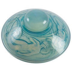 1921 Rene Lalique Trois Sirenes Inkwell Opalescent Blue Stained Glass, Mermaids