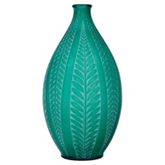 Antique 1921 René Lalique Vase Acacia Emerald Green Glass with White Patina