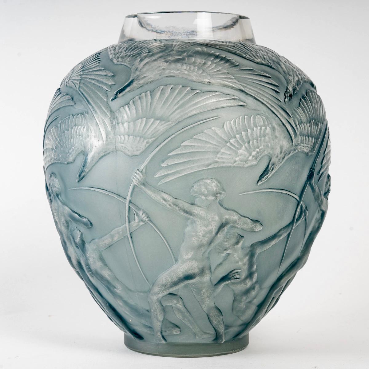 Art Deco 1921 René Lalique Vase Archers Frosted Glass with Blue Patina
