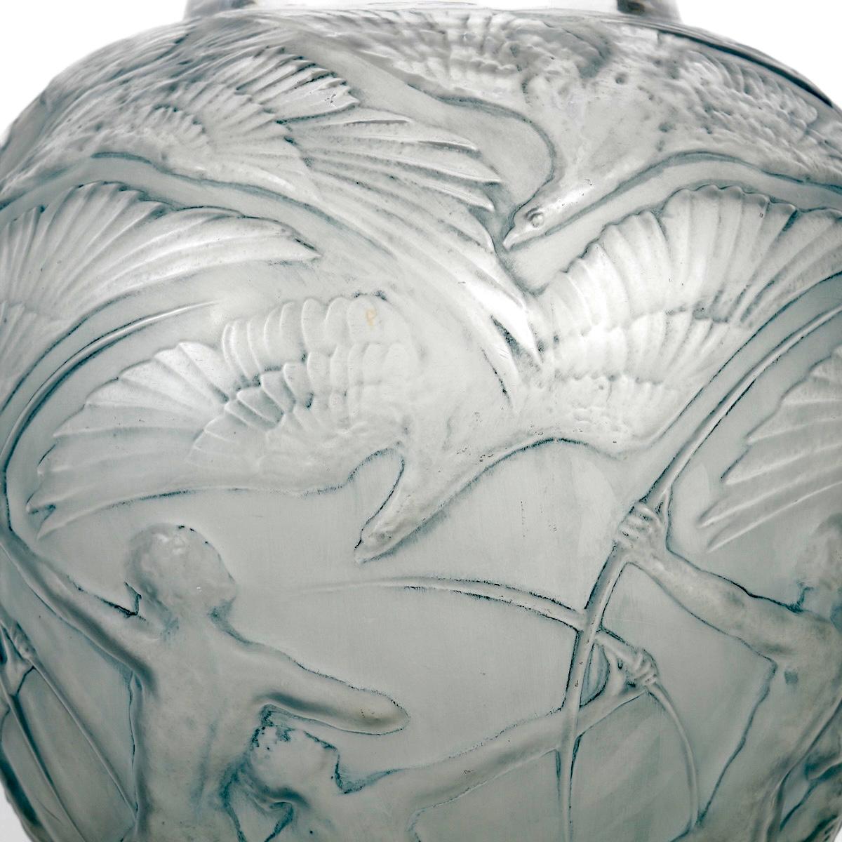 Molded 1921 René Lalique Vase Archers Frosted Glass with Blue Patina