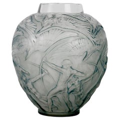 1921 René Lalique Vase Archers Frosted Glass with Blue Patina