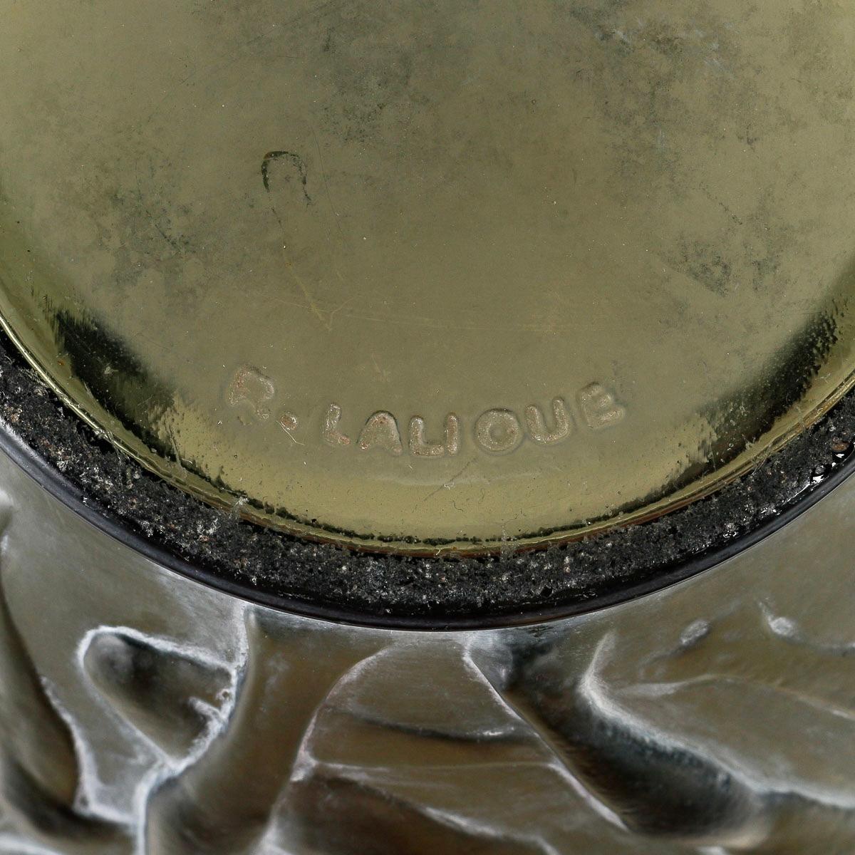 French 1921 René Lalique Vase Archers Grey Topaz Smoked Glass White Patina