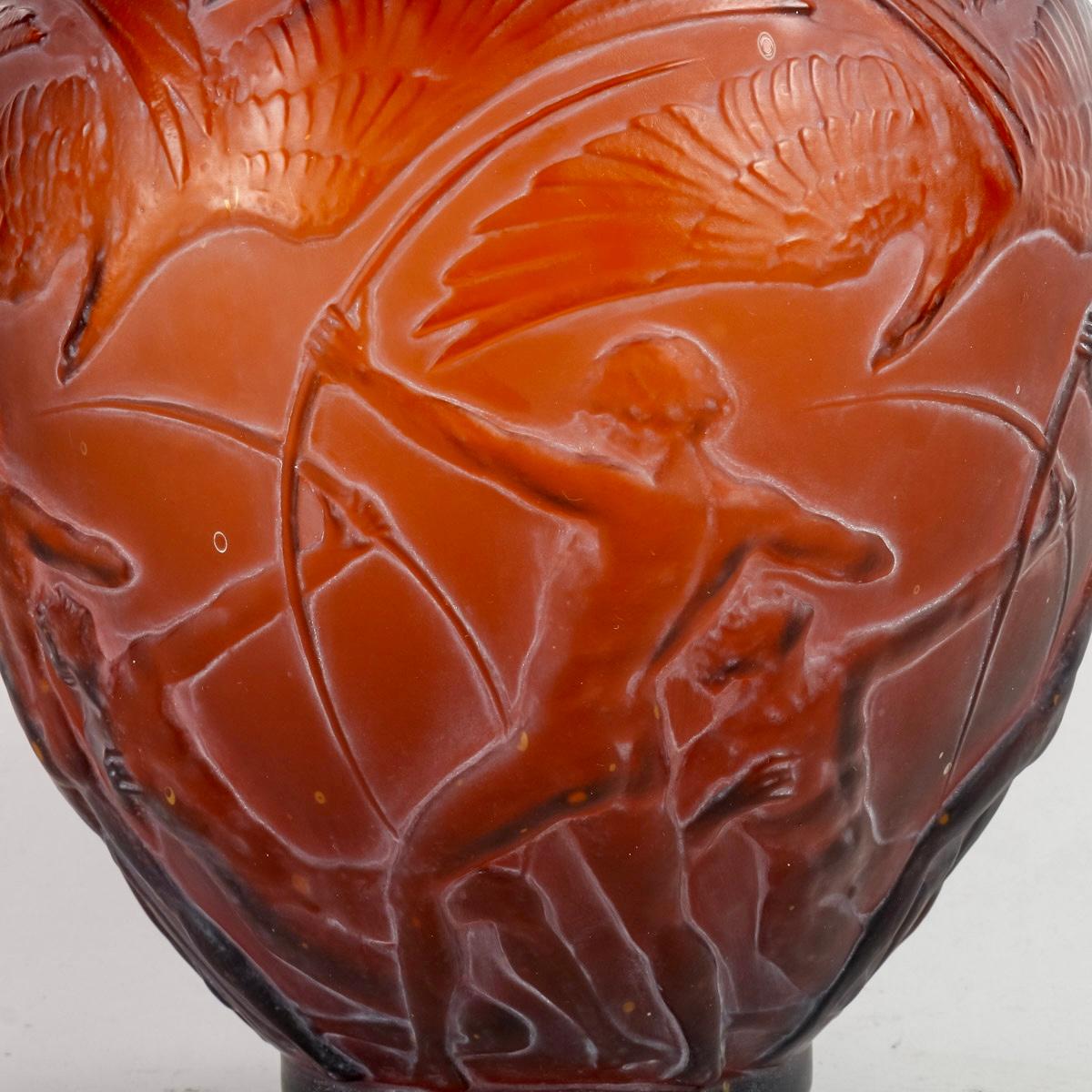 Art Deco 1921 Rene Lalique Vase Archers Red Amber Glass with White Patina