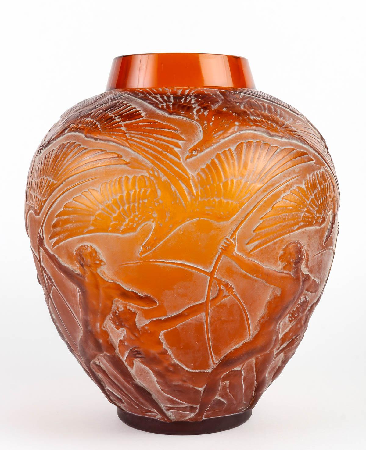 Art Deco 1921 Rene Lalique Vase Archers Vase Orangy Amber Glass White Patina