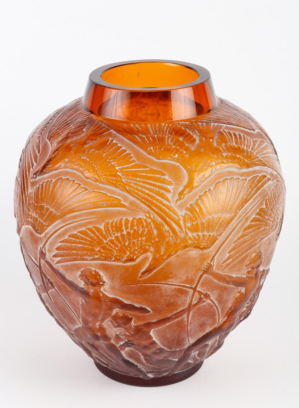 French 1921 Rene Lalique Vase Archers Vase Orangy Amber Glass White Patina