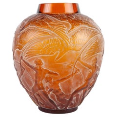 1921 Rene Lalique Vase Archer Vase Orangy Amber Glass White Patina