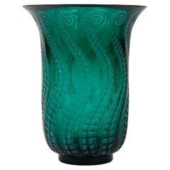 1921 Rene Lalique Vase Meduse Emerald Green Glass with White Patina