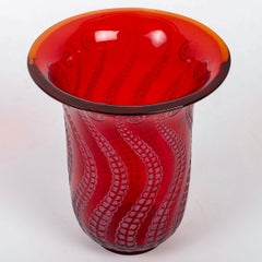 1921 Rene Lalique Vase Medusa Cased Red Glass with White Patina