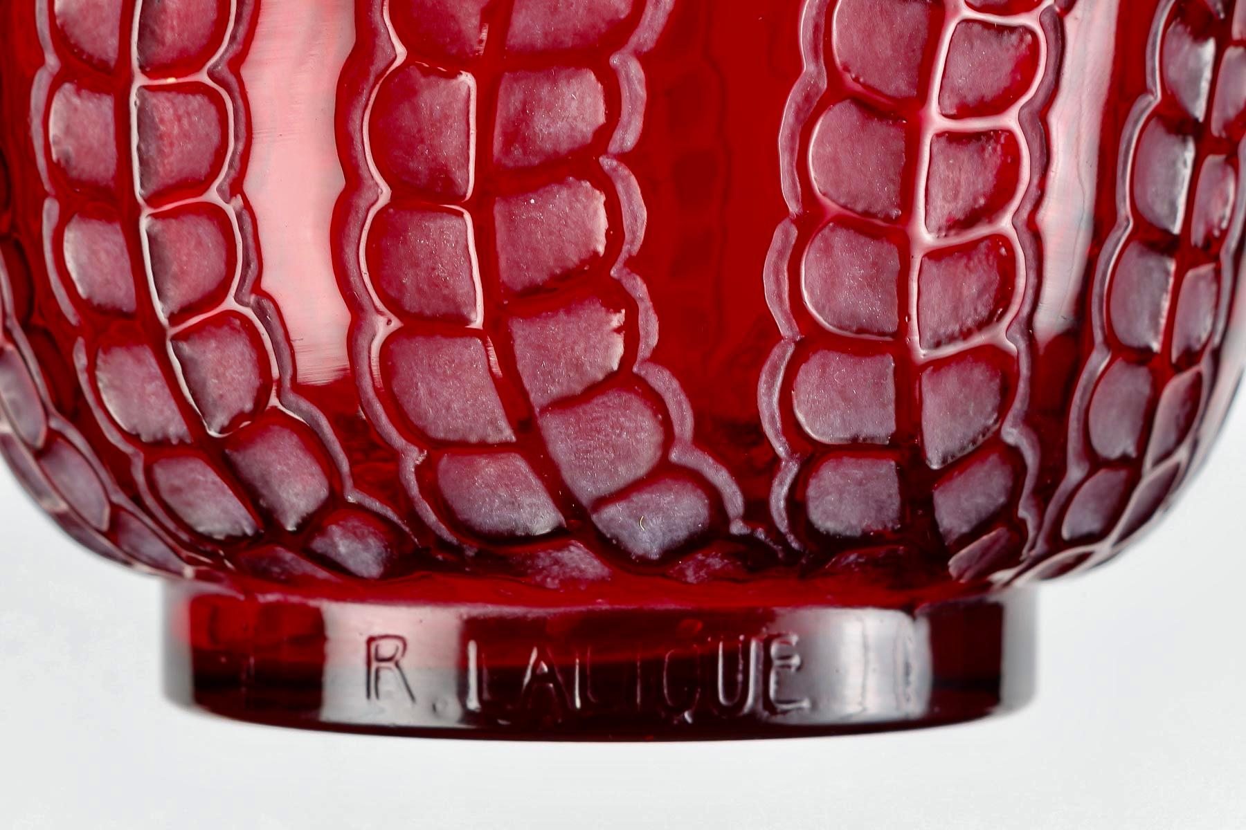 Molded 1921 Rene Lalique Vase Medusa Cased Red Glass with White Patina