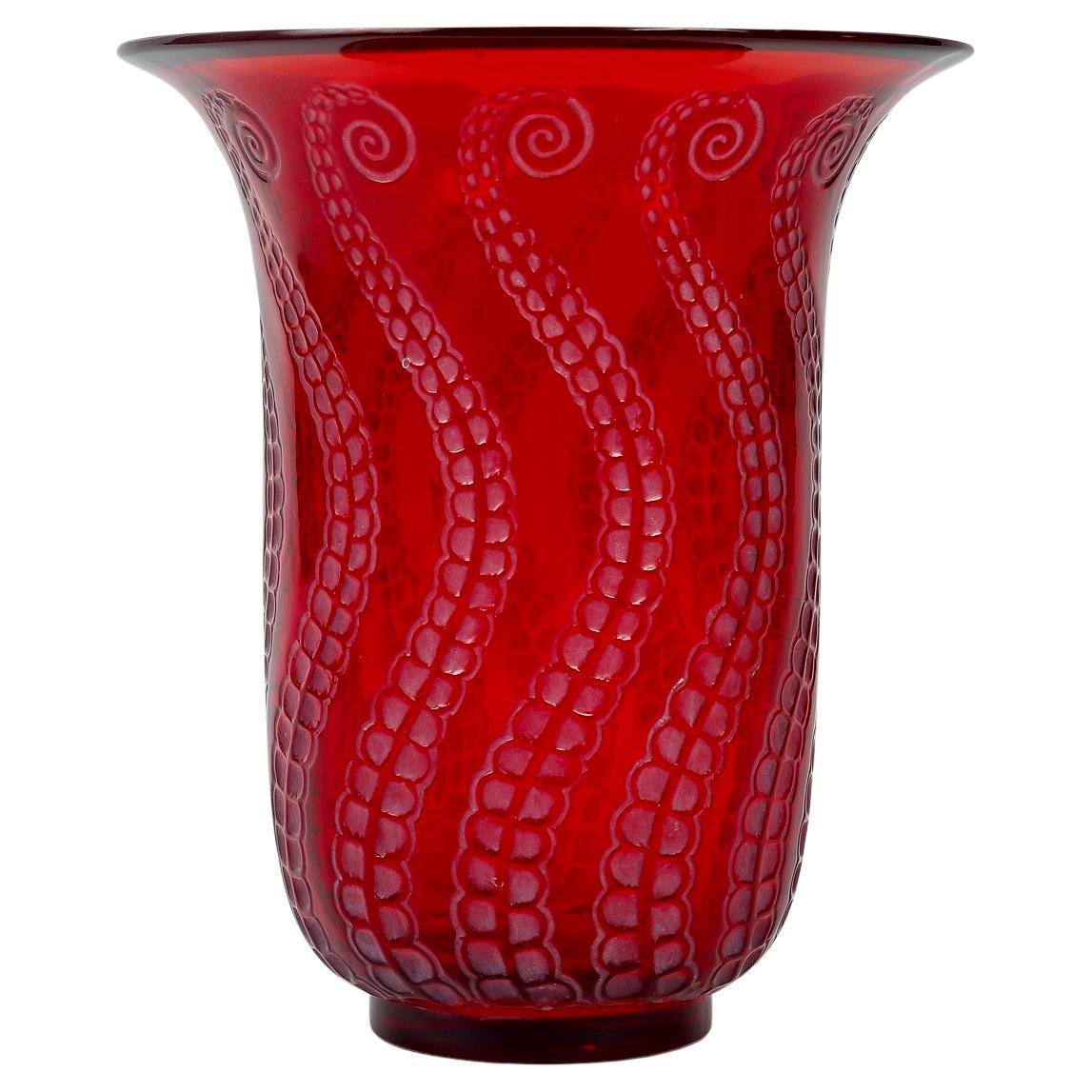 1921 Rene Lalique Vase Medusa Cased Red Glass with White Patina