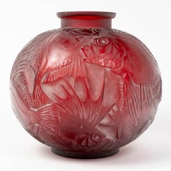 1921 René Lalique Vase Poissons Cased Red Glass White Patina Fishes