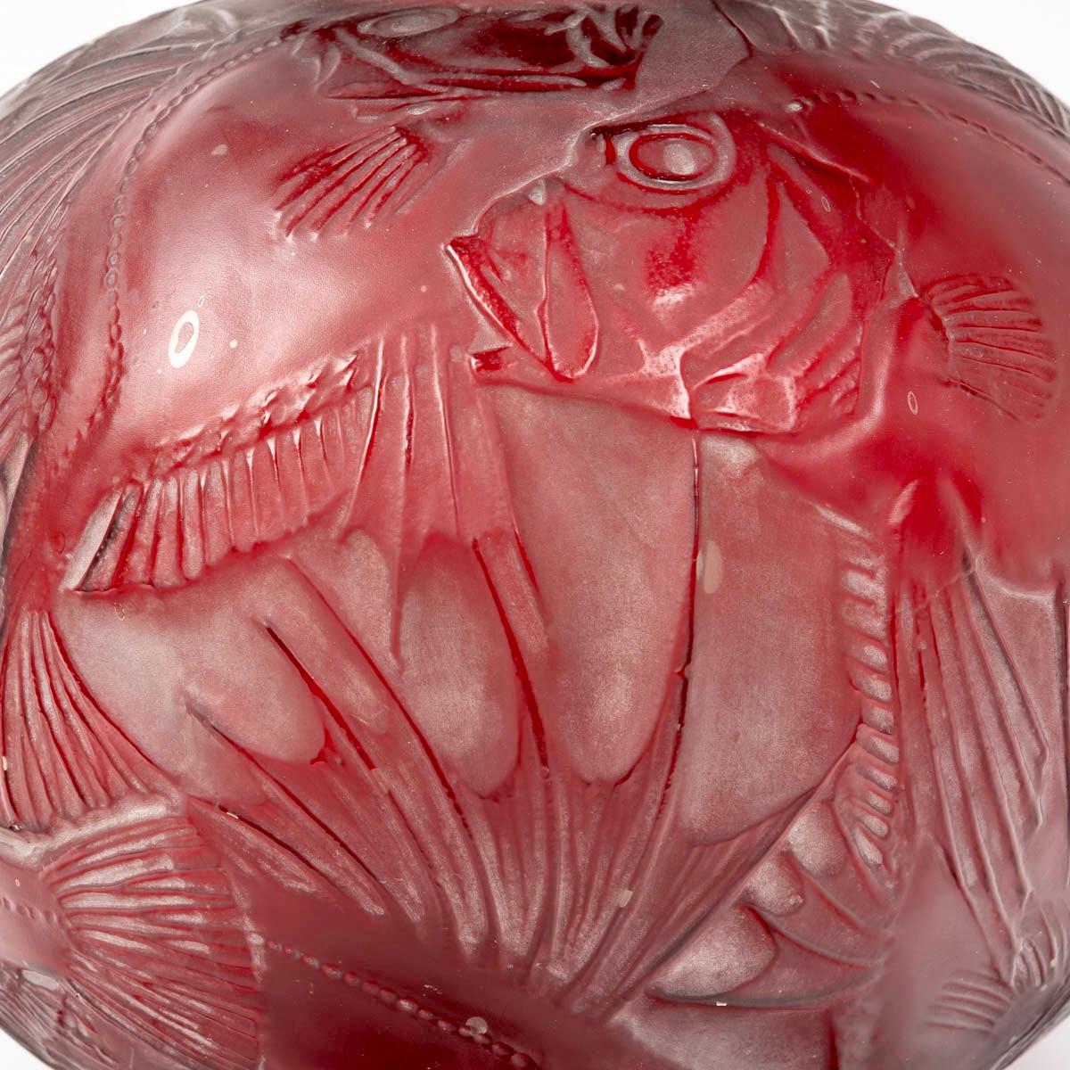 French 1921 René Lalique Vase Poissons Cased Red Glass White Patina Fishes For Sale