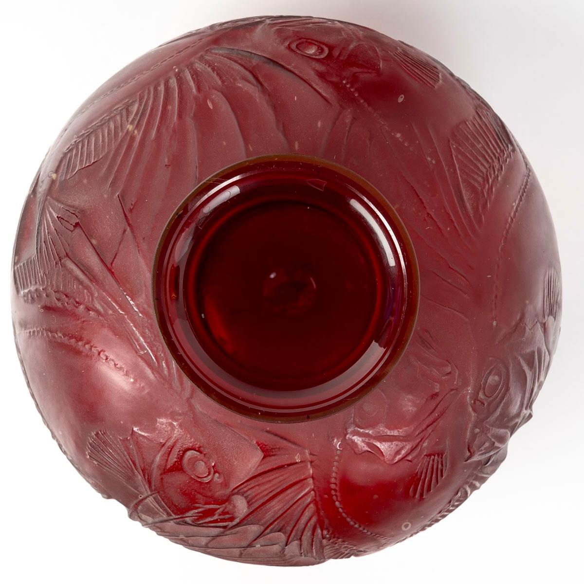Molded 1921 René Lalique Vase Poissons Cased Red Glass White Patina Fishes