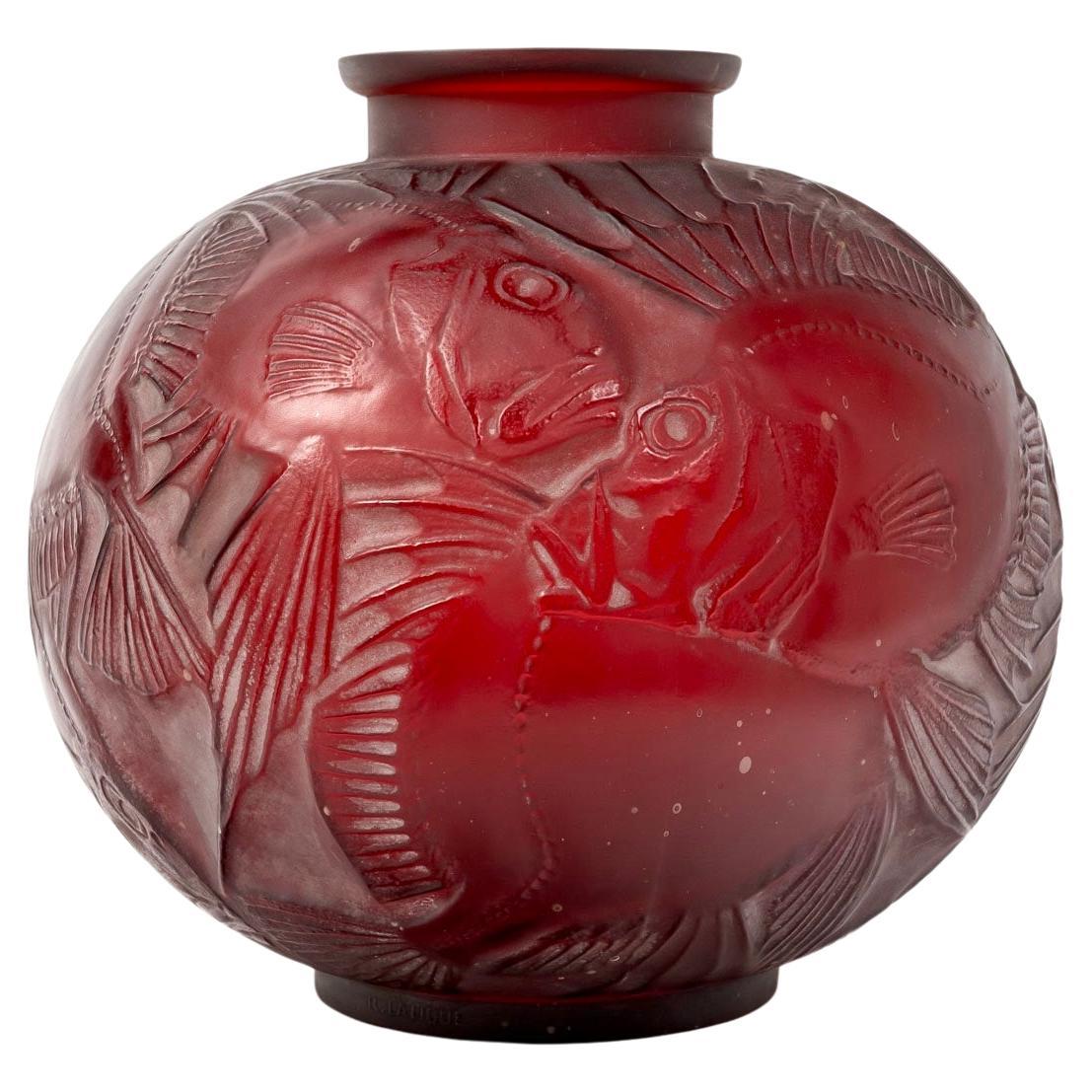 1921 René Lalique Vase Poissons Cased Red Glass White Patina Fishes For Sale