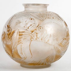 1921 René Lalique Vase Poissons Frosted Glass Sepia Patina, Fishes
