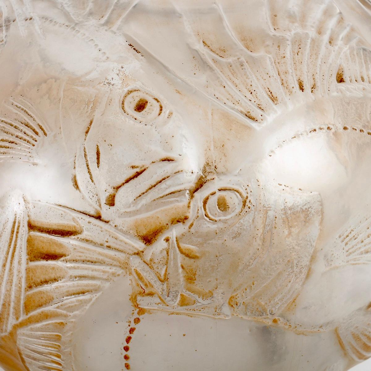 Molded 1921 René Lalique Vase Poissons Frosted Glass Sepia Patina, Fishes