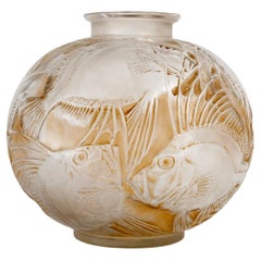 1921 René Lalique Vase Poissons Frosted Glass Sepia Patina, Fishes