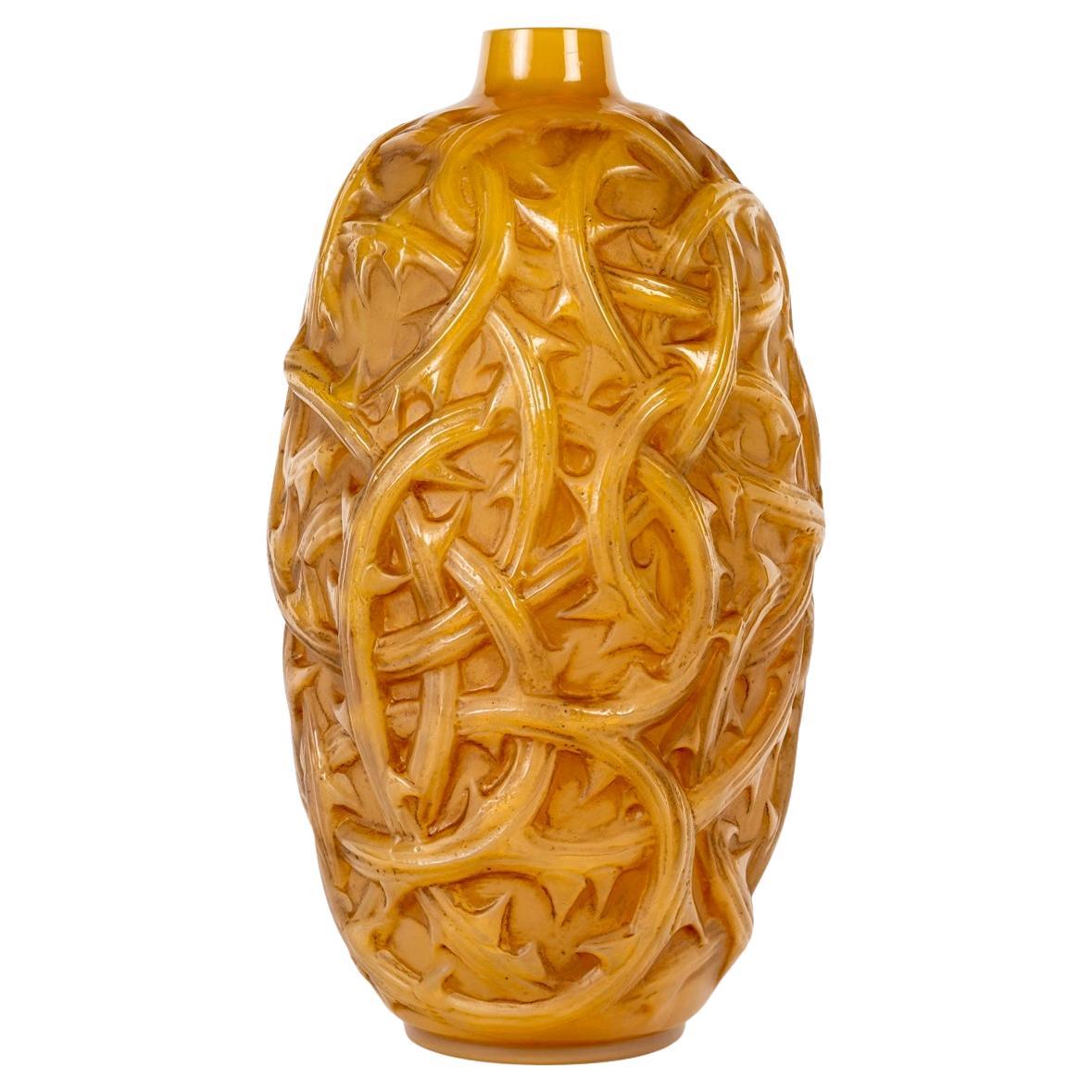 1921 René Lalique Vase Ronces Butterscotch Yellow Opalescent Glass Sepia Patina