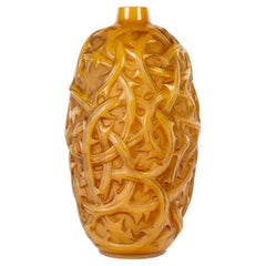 1921 René Lalique Vase Ronces Butterscotch Yellow Opalescent Glass Sepia Patina