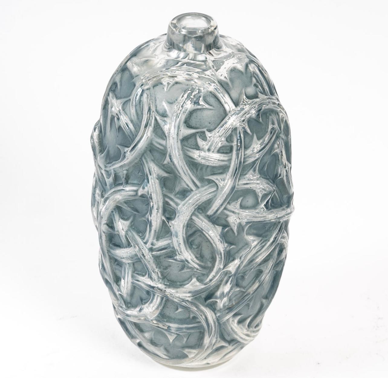 Art Deco 1921 René Lalique Vase Ronces in Clear & Frosted Glass with Blue Patina