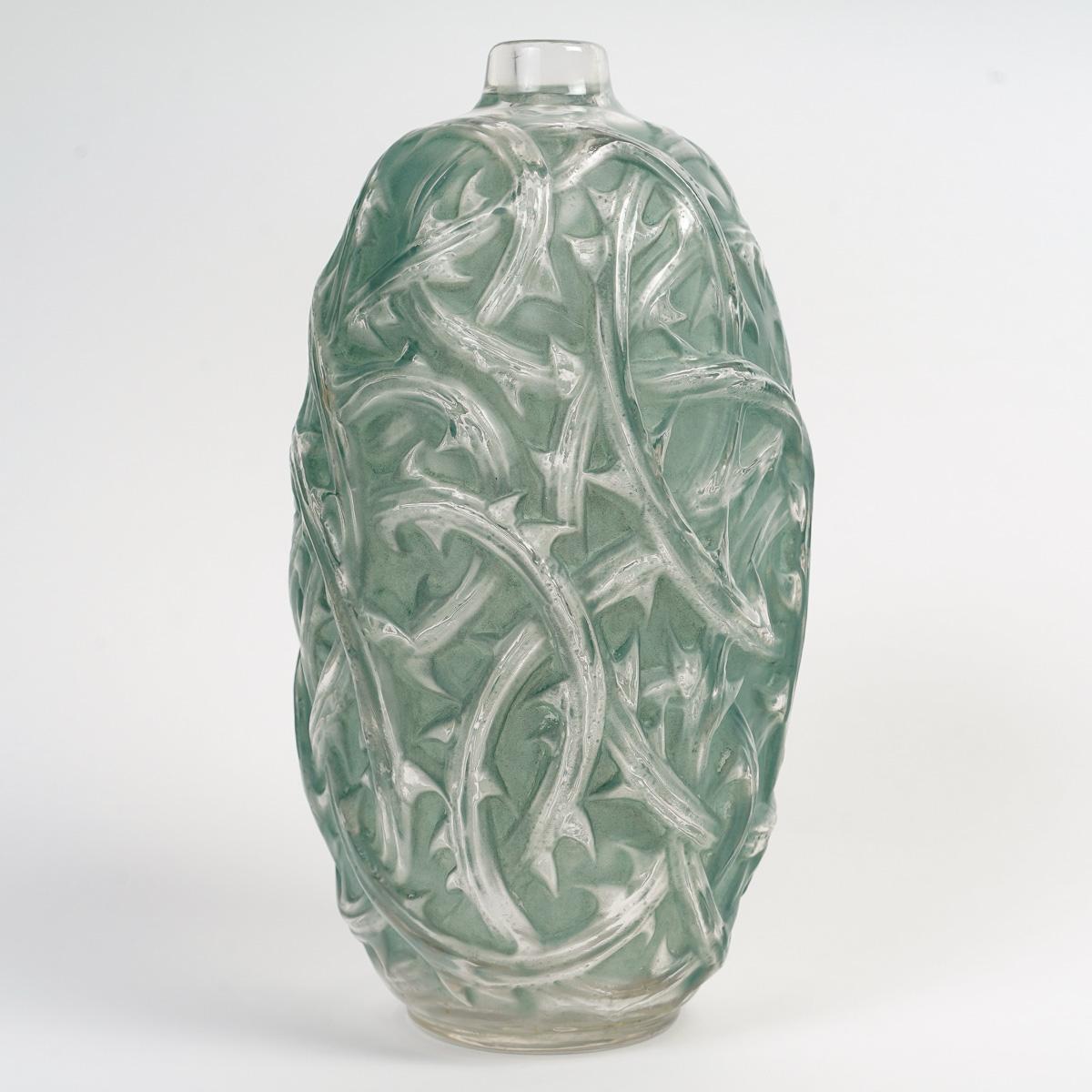 Art Deco 1921 René Lalique Vase Ronces in Clear & Frosted Glass with Green Patina