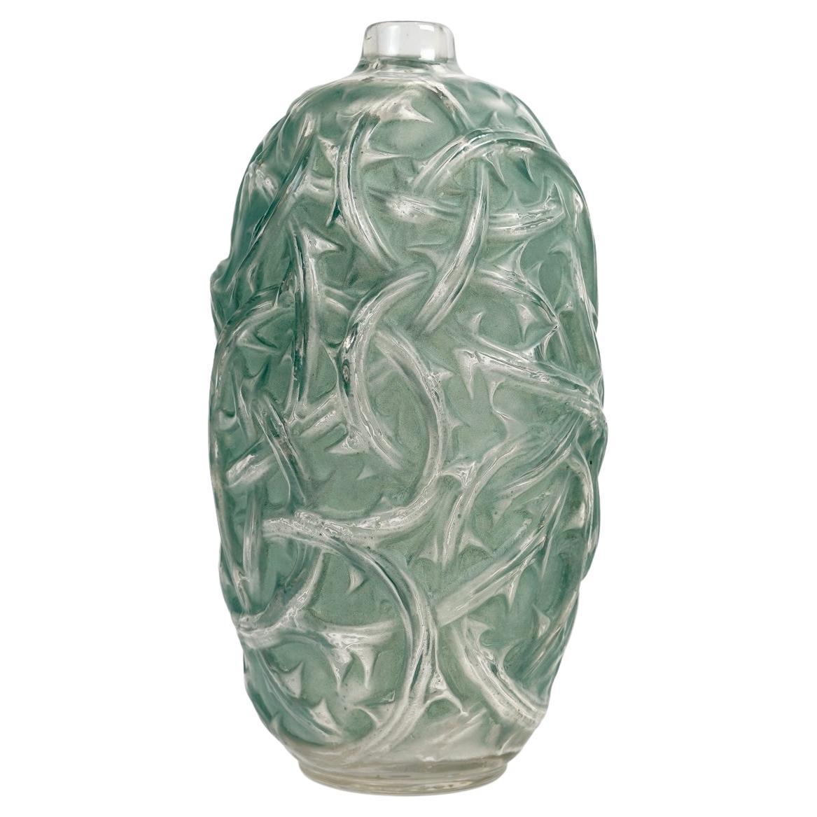 1921 René Lalique Vase Ronces in Clear & Frosted Glass with Green Patina