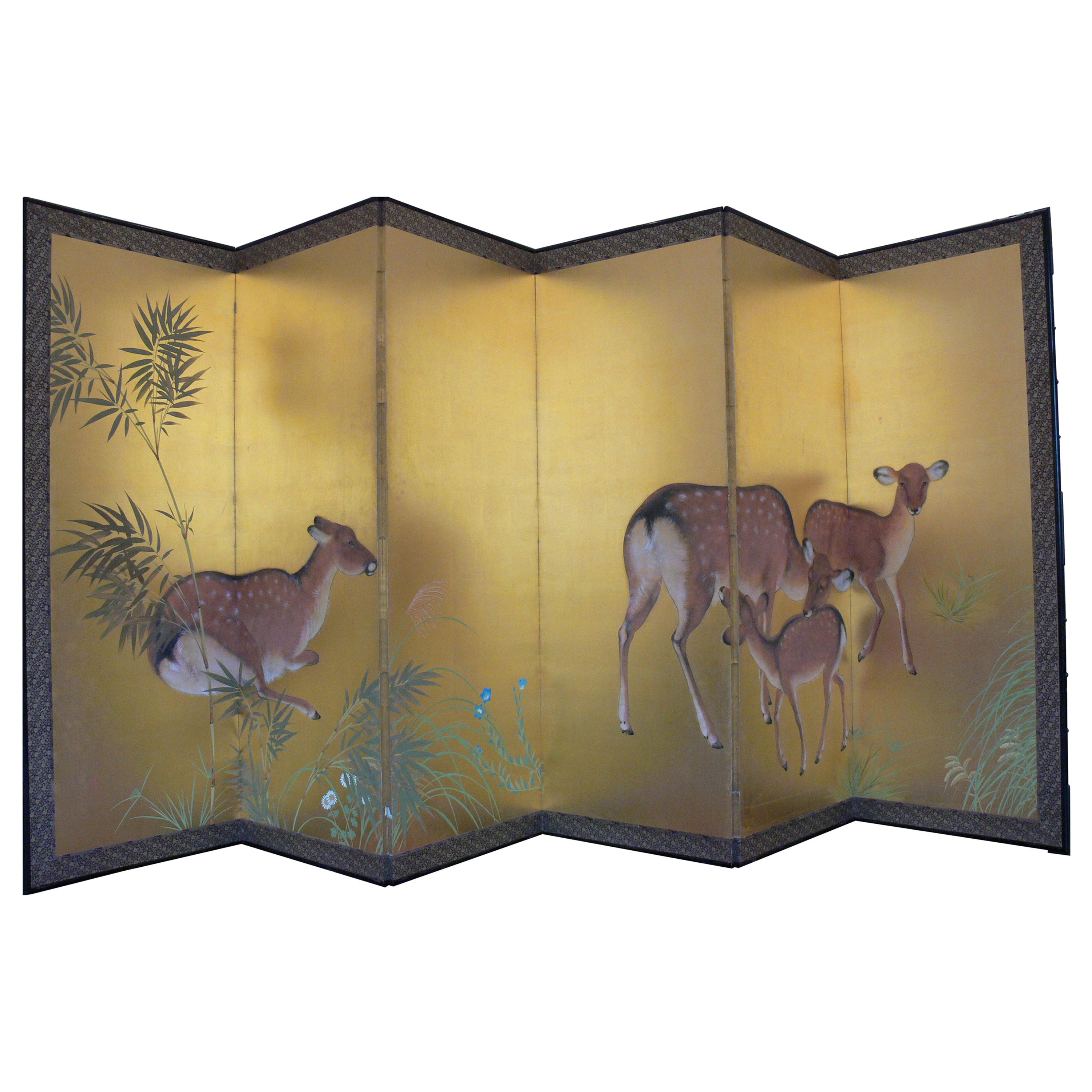 1921 Wind Wall "Roe Deers in a Bamboo Forest" Wood, Paper, Silk