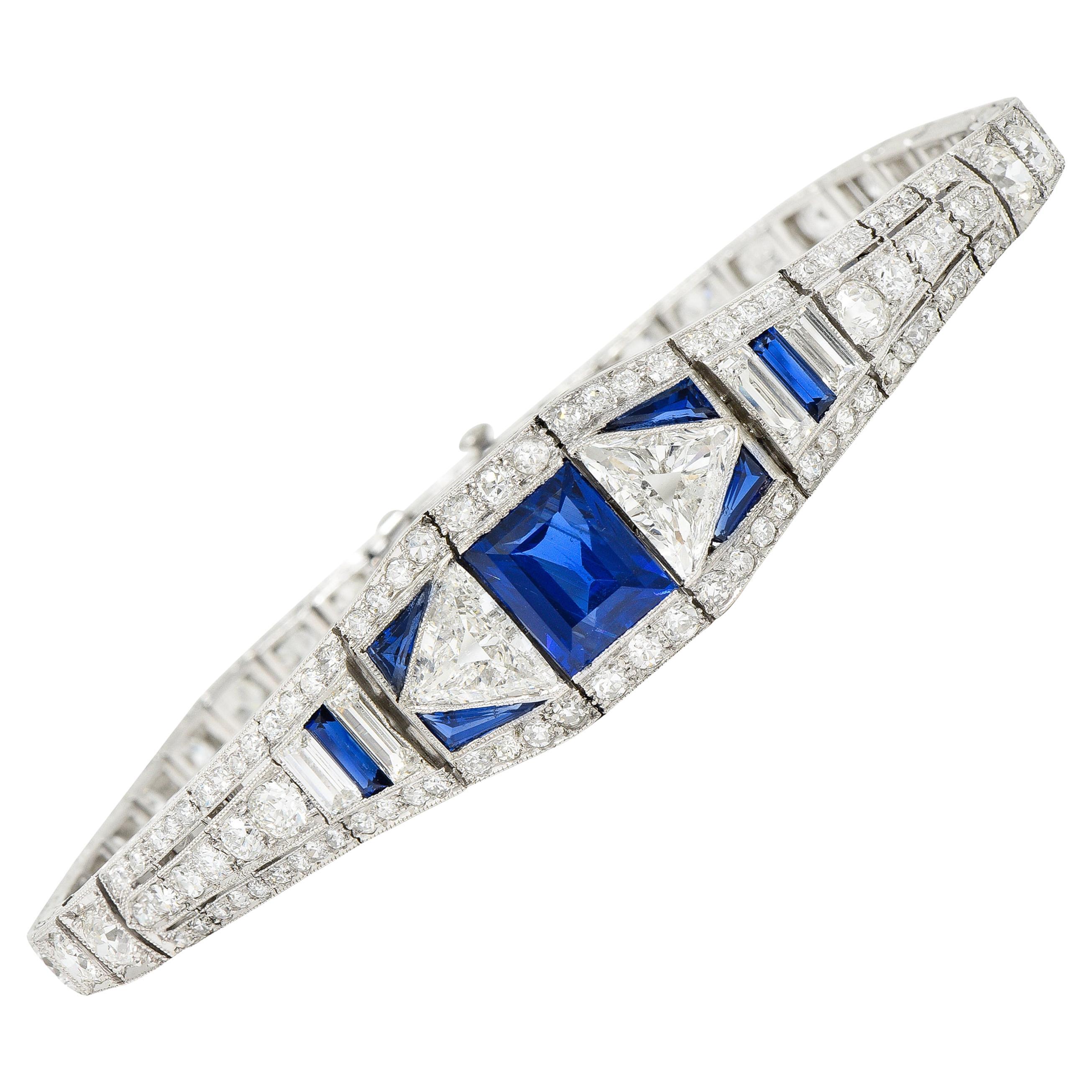 1922 Art Deco 11.00 Carats No Heat Burma Sapphire Diamond Platinum Line  Bracelet For Sale at 1stDibs