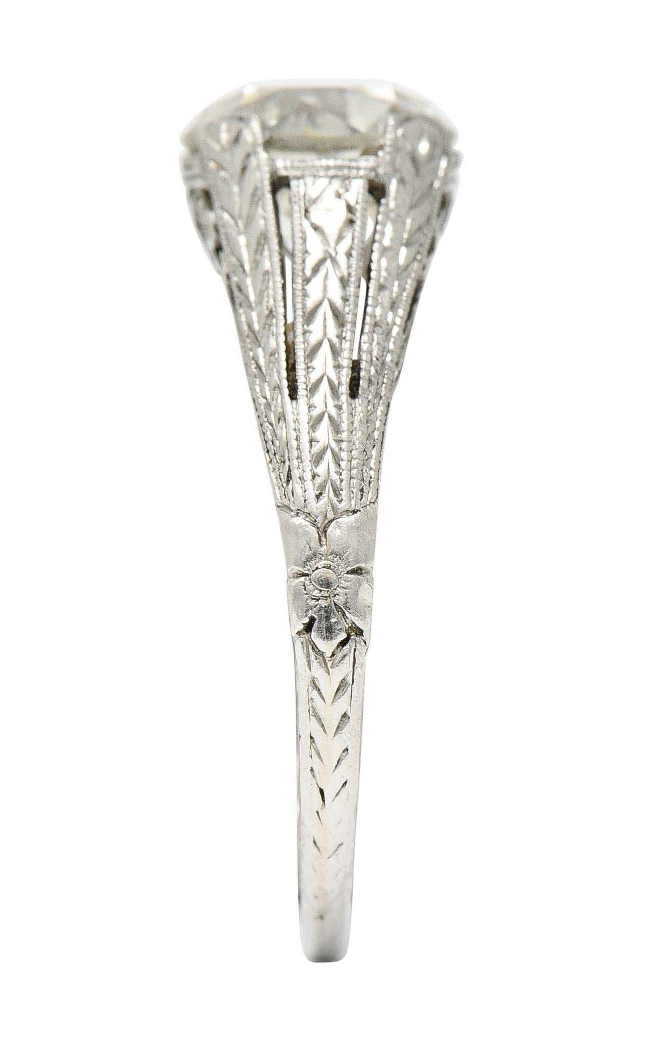 1922 Art Deco 1.79 Carats Diamond Platinum Scrolled Lotus Engagement Ring For Sale 3
