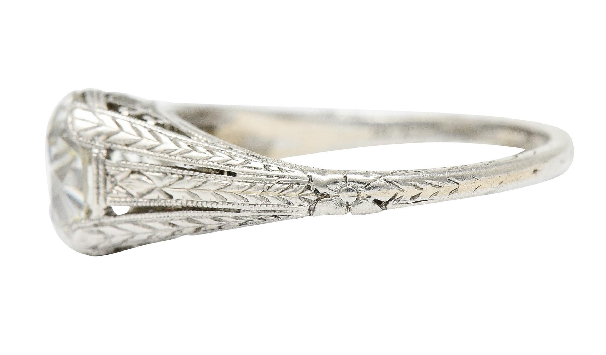 Old European Cut 1922 Art Deco 1.79 Carats Diamond Platinum Scrolled Lotus Engagement Ring For Sale