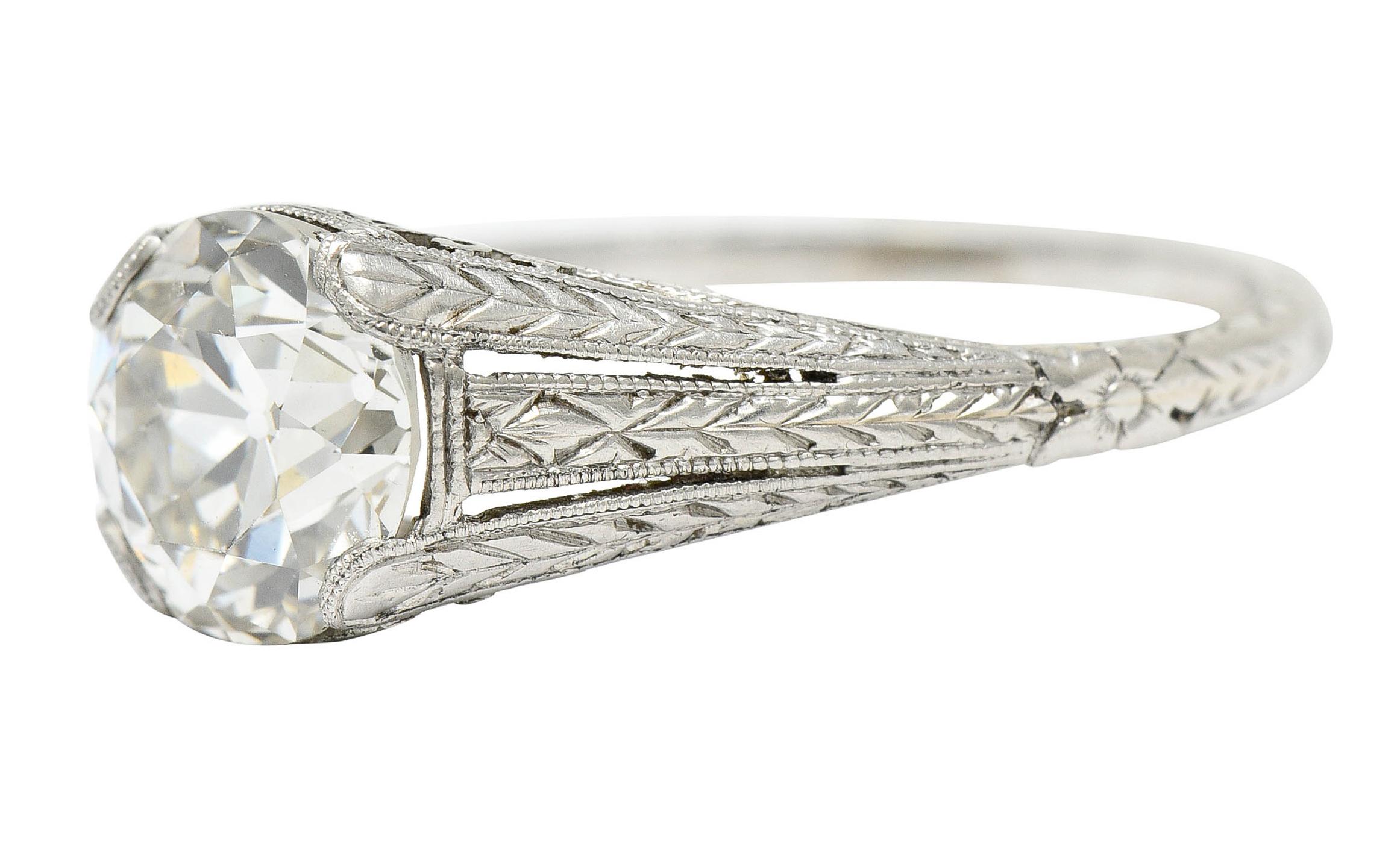 1922 Art Deco 1.79 Carats Diamond Platinum Scrolled Lotus Engagement Ring In Excellent Condition For Sale In Philadelphia, PA