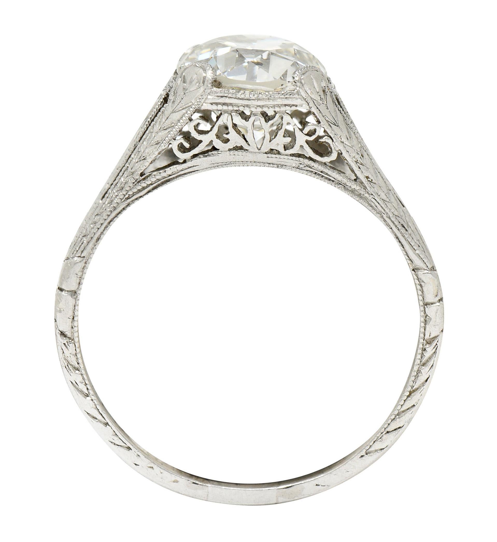 Women's or Men's 1922 Art Deco 1.79 Carats Diamond Platinum Scrolled Lotus Engagement Ring For Sale