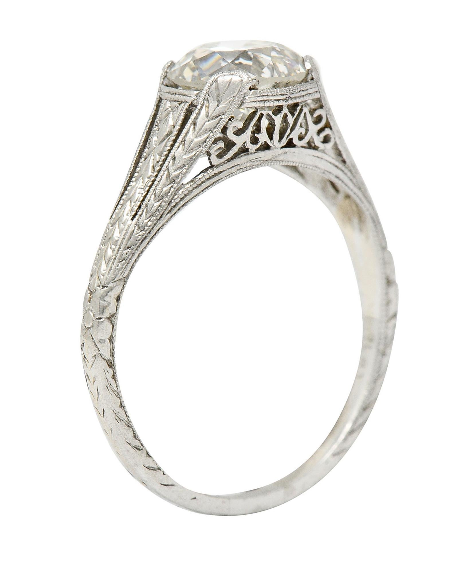 1922 Art Deco 1.79 Carats Diamond Platinum Scrolled Lotus Engagement Ring For Sale 1