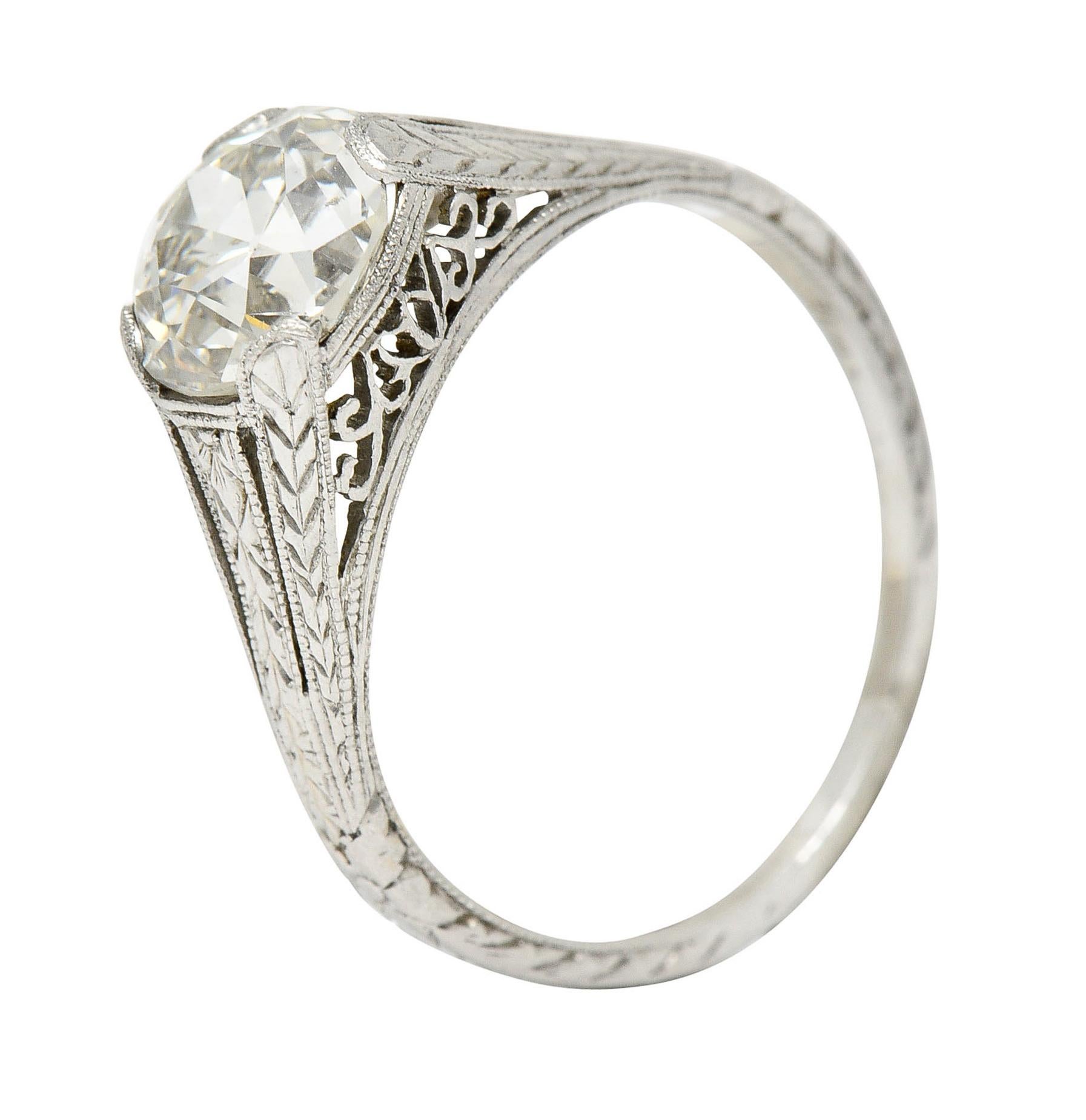 1922 Art Deco 1.79 Carats Diamond Platinum Scrolled Lotus Engagement Ring For Sale 2