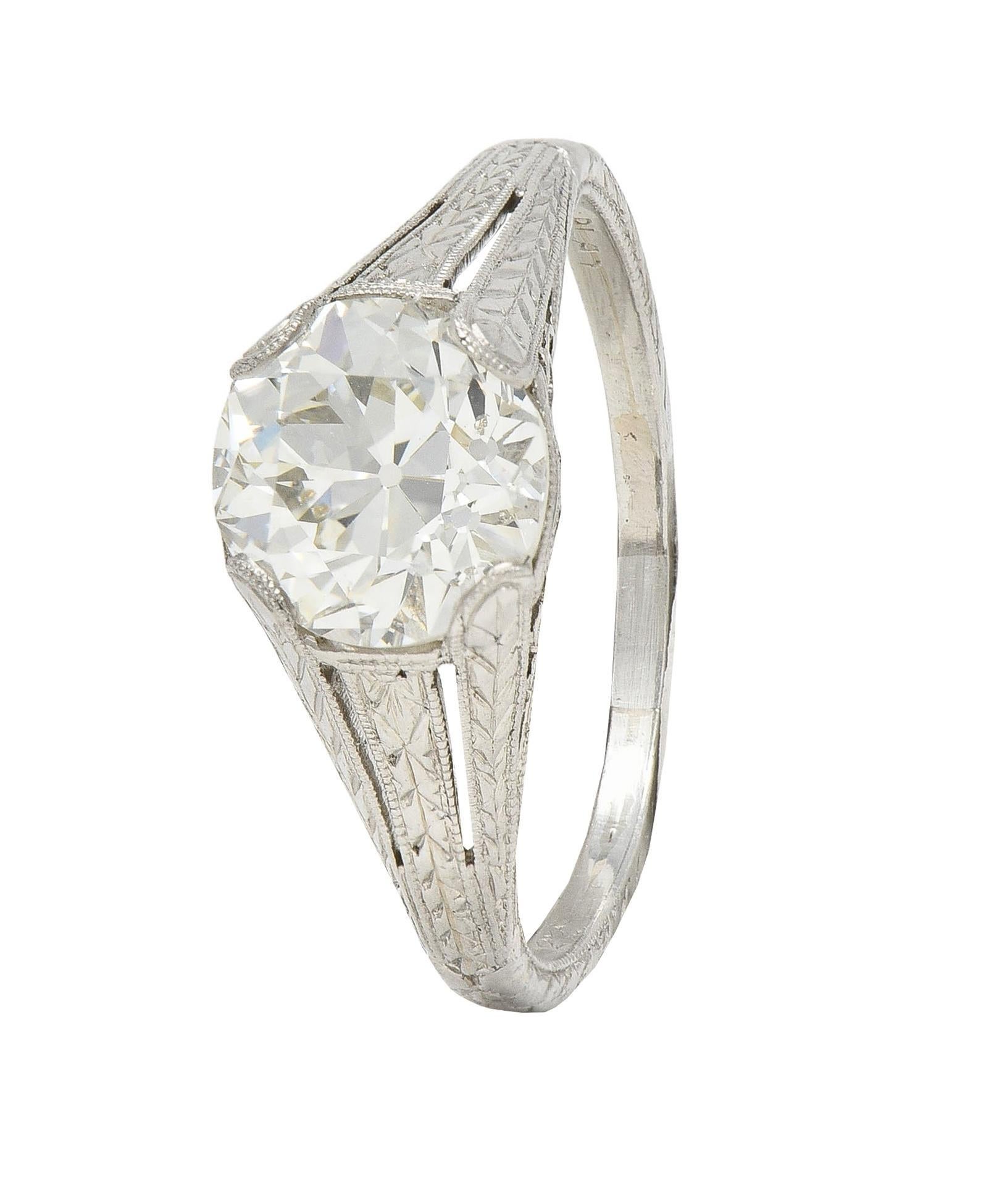 1922 Art Deco 1.79 CTW Diamond Platinum Scrolled Lotus Antique Engagement Ring For Sale 6