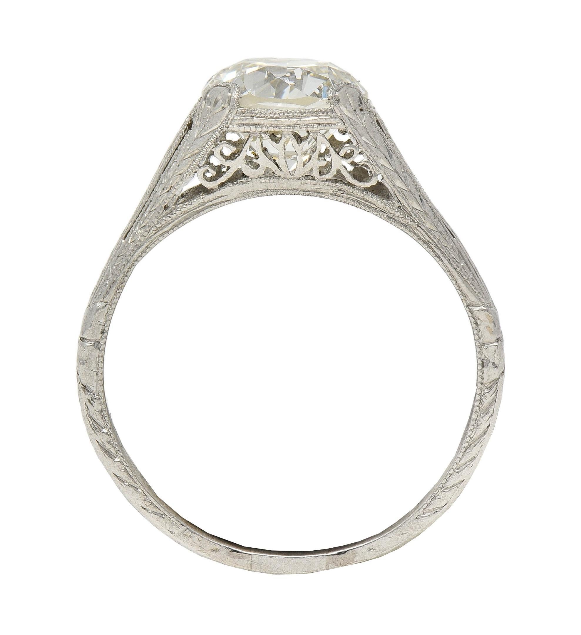 1922 Art Deco 1.79 CTW Diamond Platinum Scrolled Lotus Antique Engagement Ring For Sale 7