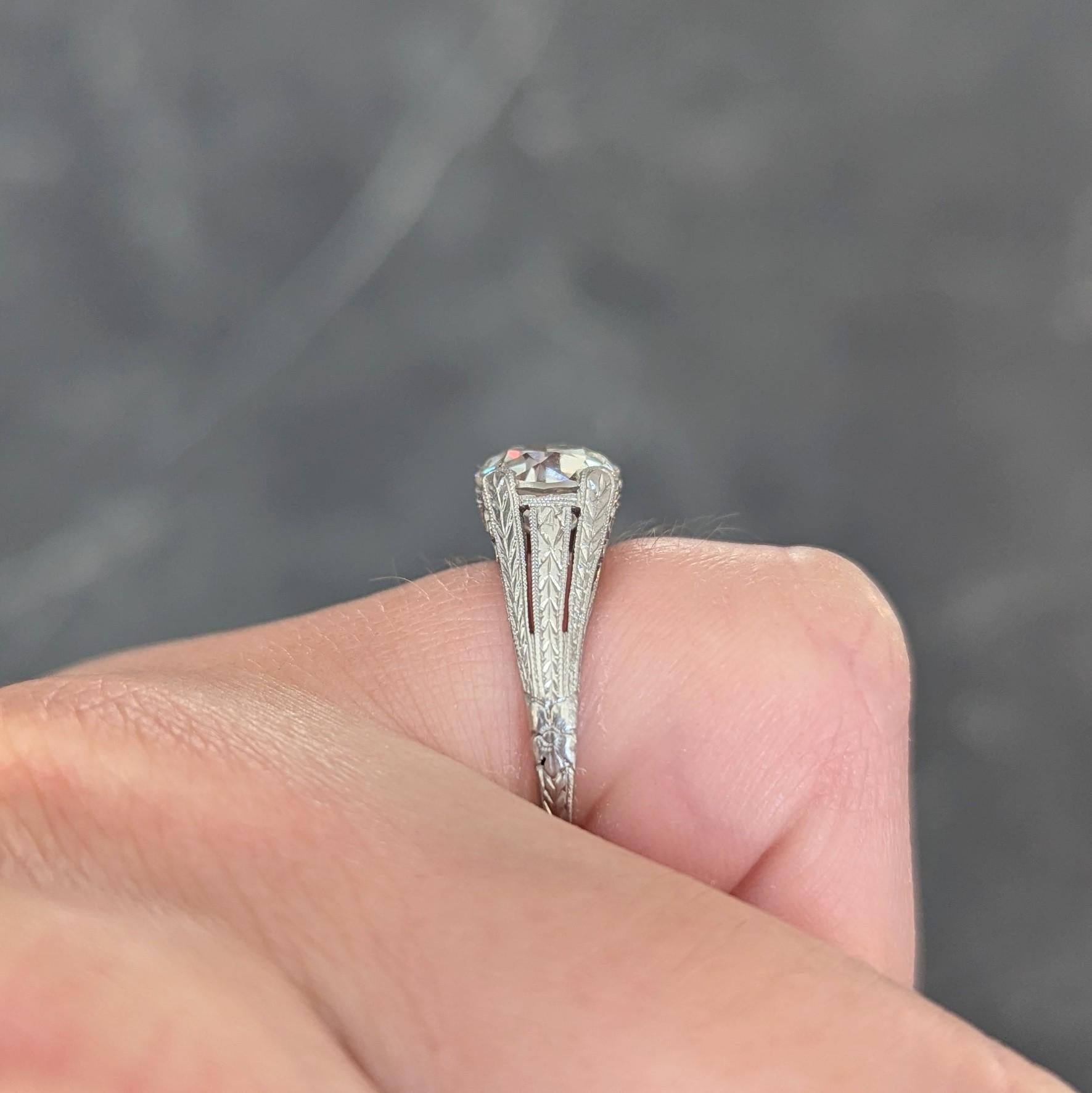 1922 Art Deco 1.79 CTW Diamond Platinum Scrolled Lotus Antique Engagement Ring For Sale 10
