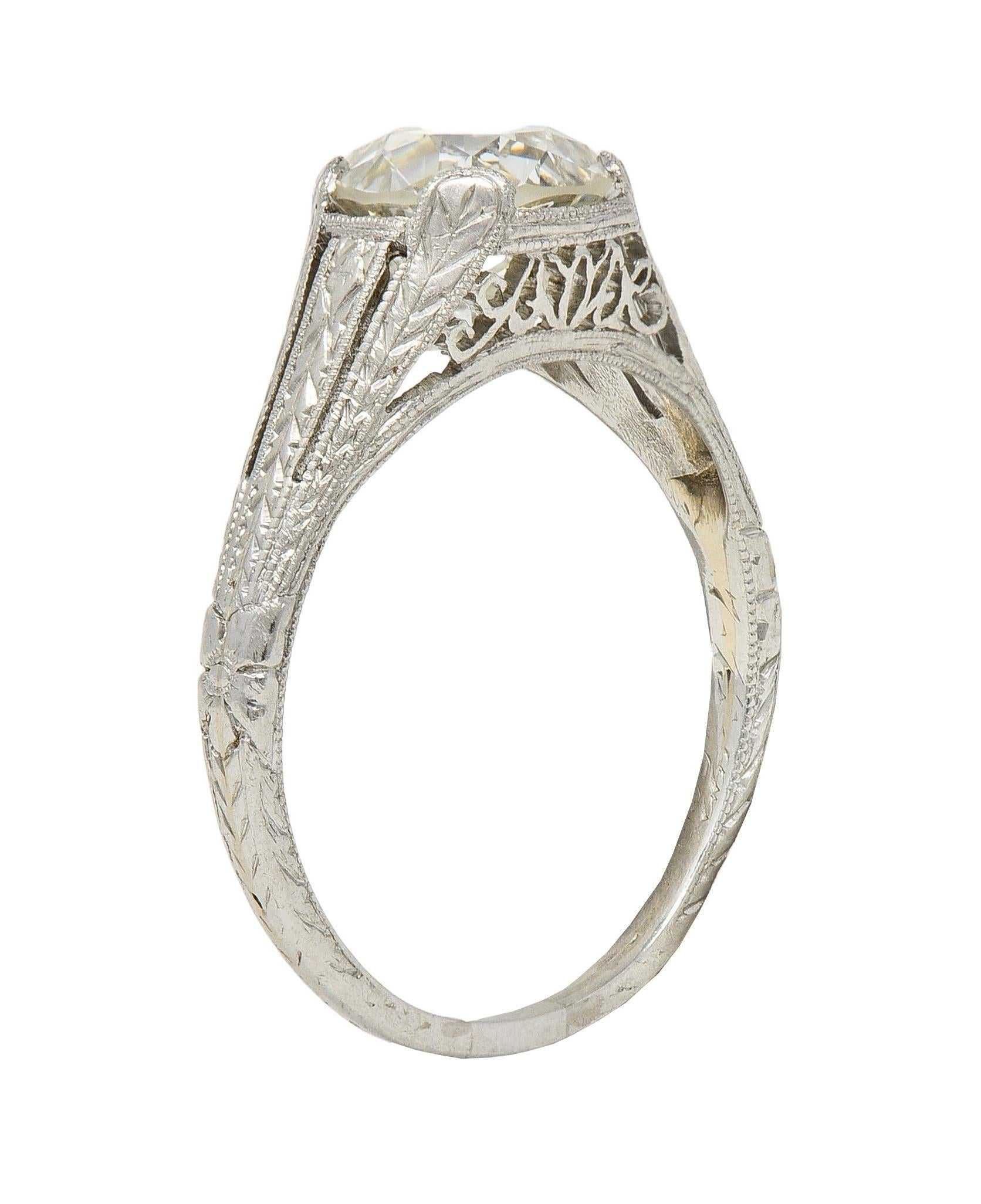 1922 Art Deco 1.79 CTW Diamond Platinum Scrolled Lotus Antique Engagement Ring In Excellent Condition For Sale In Philadelphia, PA