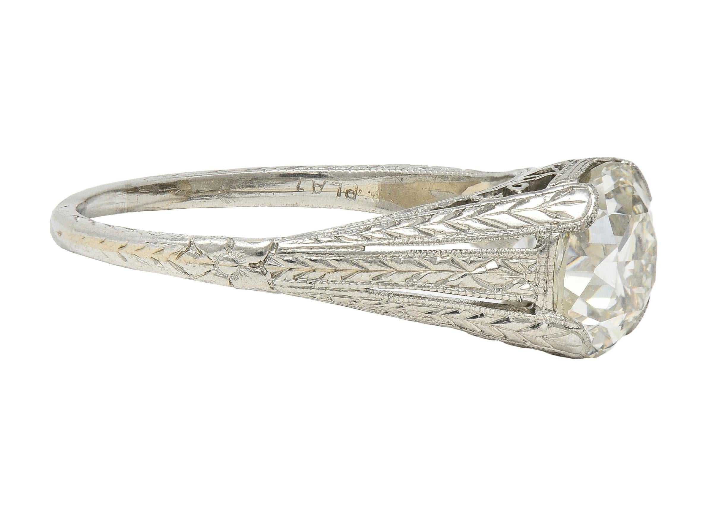Women's or Men's 1922 Art Deco 1.79 CTW Diamond Platinum Scrolled Lotus Antique Engagement Ring For Sale