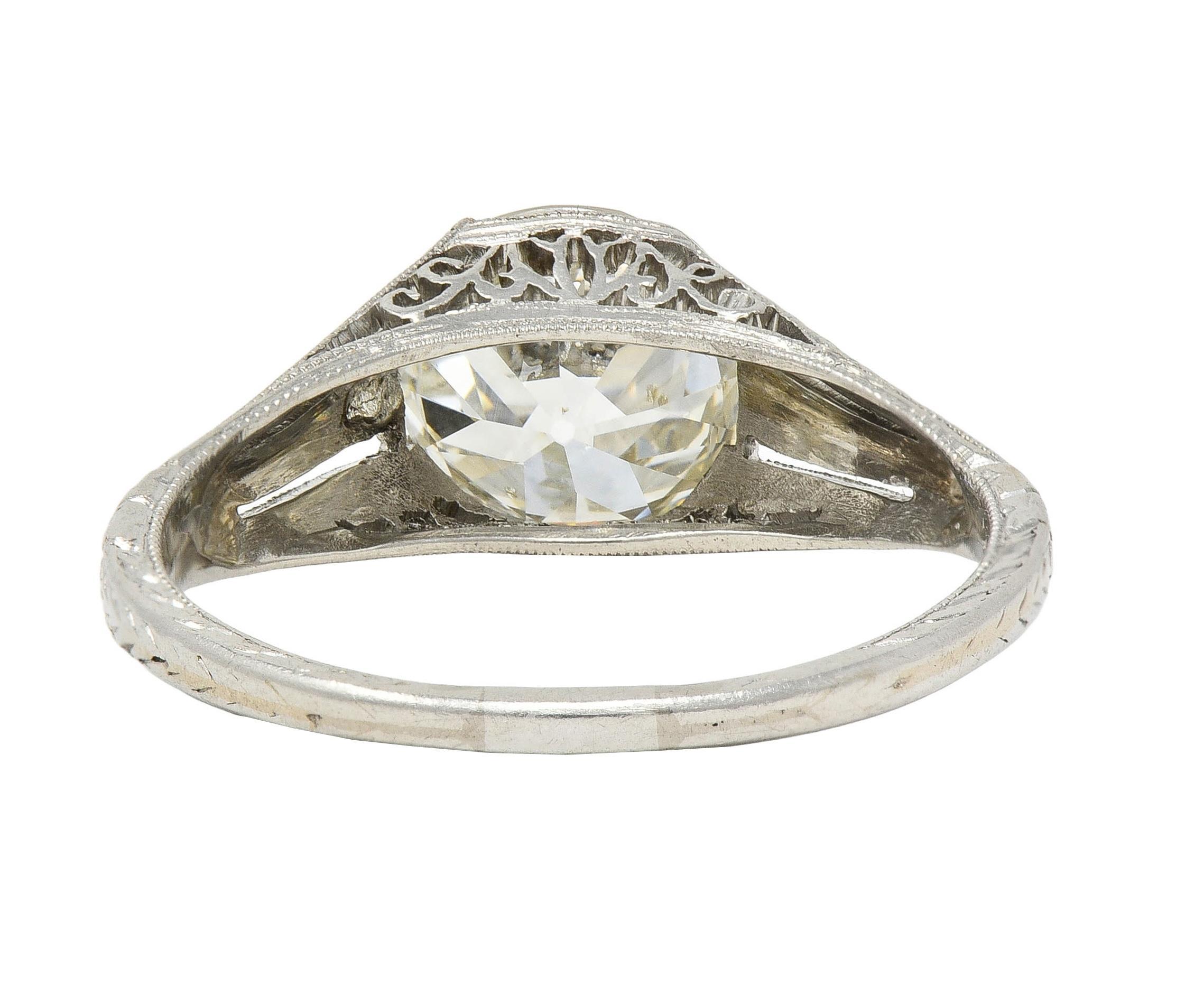 1922 Art Deco 1.79 CTW Diamond Platinum Scrolled Lotus Antique Engagement Ring For Sale 1