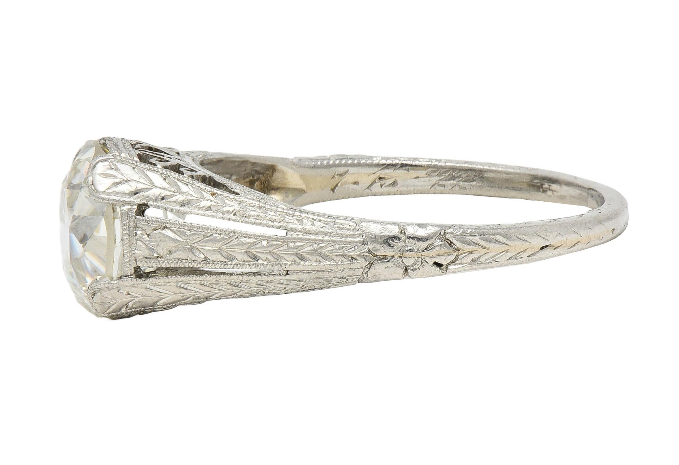 1922 Art Deco 1.79 CTW Diamond Platinum Scrolled Lotus Antique Engagement Ring For Sale 2