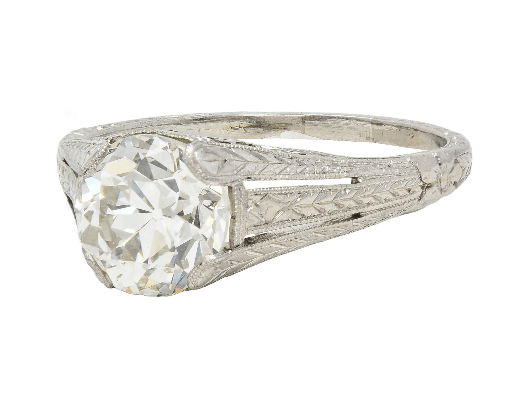1922 Art Deco 1.79 CTW Diamond Platinum Scrolled Lotus Antique Engagement Ring For Sale 3