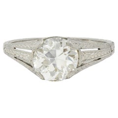 Bague de fiançailles Art déco 1922, diamant 1,79 carat, platine, lotus à volutes anciennes